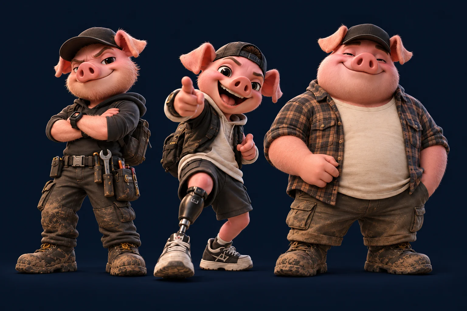 Three Truffle Pigs in rugged workwear.